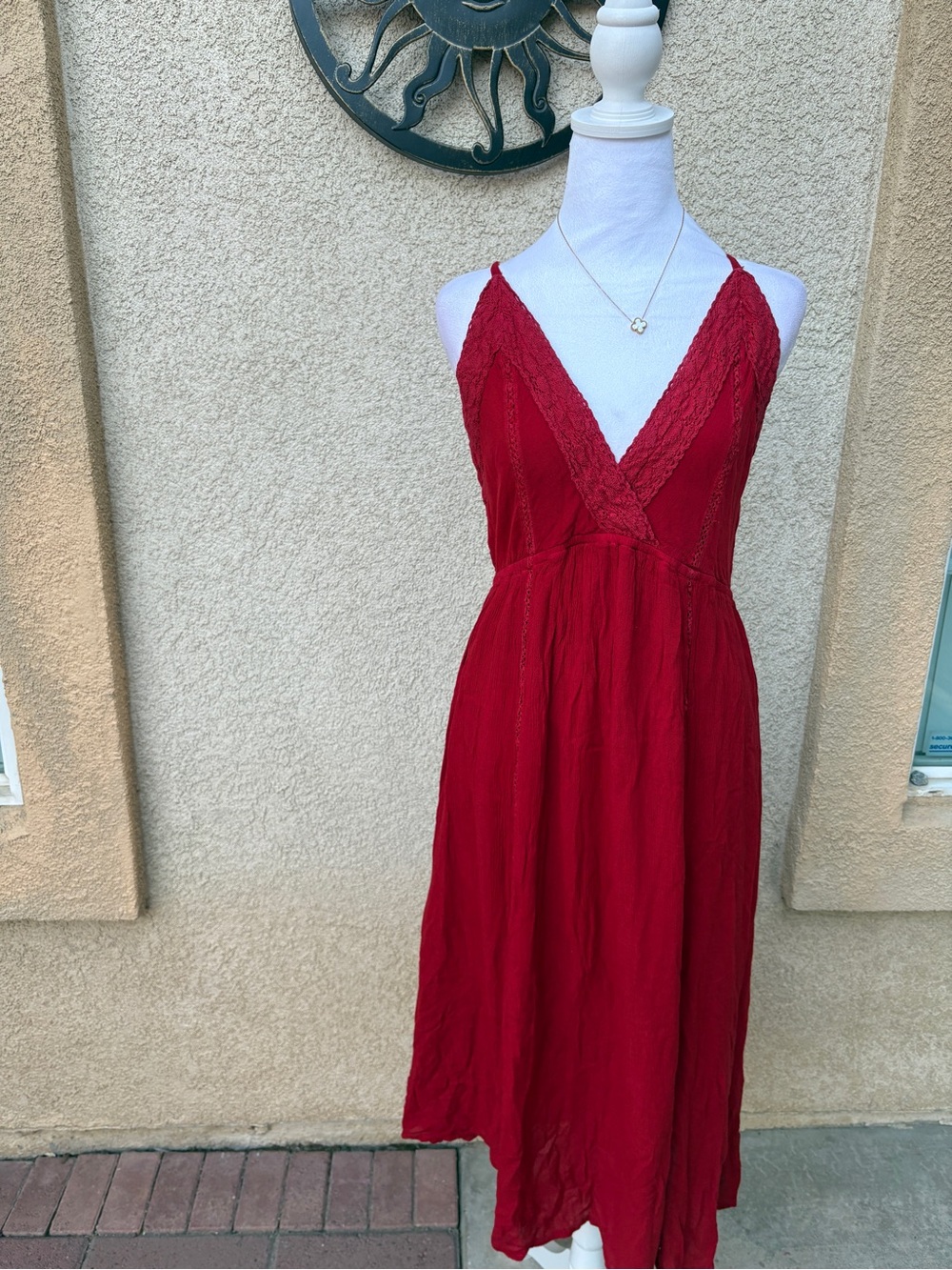 Y2K Style Coastal Boho Red Lace Trim V-Neck Spaghetti Strap Midi Flowy Dress
